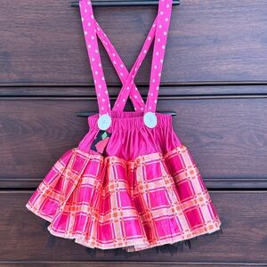 Pink Plaid Suspender kids Skirt, 3 and up